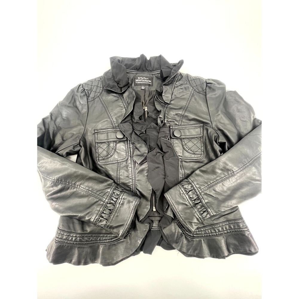 Montanac Co Jacket Womens Large Black Faux Leather Lined Ruffle Trim Full Zip